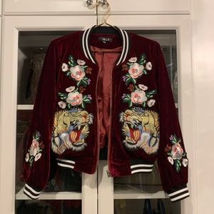 Tiger and Flower Applique Velvet Bomber Jacket